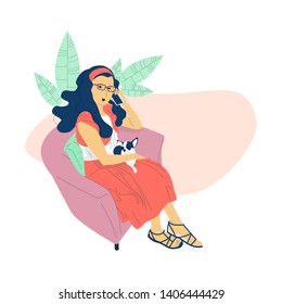 Beautiful hand drawn flat style girl with long hair is sitting in chair with a small dog on her lap. Isolated on white background. Stock vector illustration.
