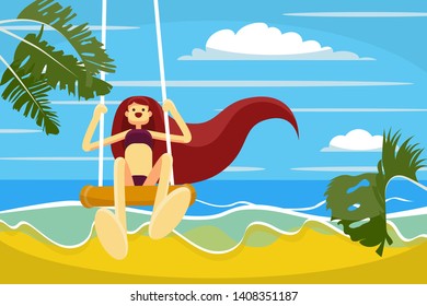 Beautiful hand drawn flat style girl with long hair is enjoying summer day by the sea, swings, beach, blue sky. Isolated on white background. Stock vector illustration.
