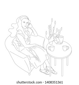 Beautiful hand drawn flat style girl with long hair is sitting in cafe with a small dog on her lap. Isolated on white background. Stock vector illustration.
