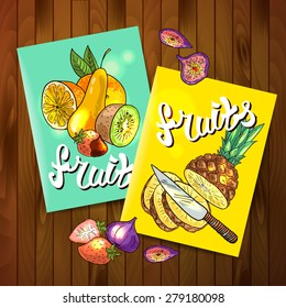 Beautiful hand drawn flayers fruits on the wood texture