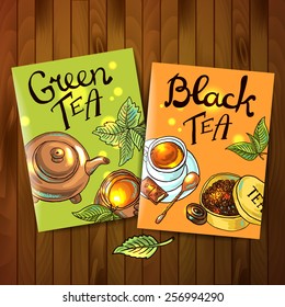 Beautiful hand drawn flayers green and black tea