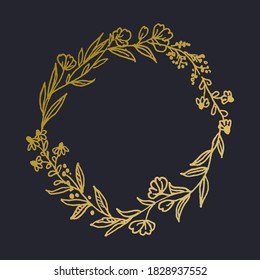 Beautiful hand drawn floral, botanical gold wreath vector