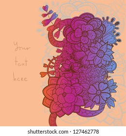 Beautiful hand drawn floral design with lots of detail stylized as embroidery. Invitation/greeting card template. Peach color background.