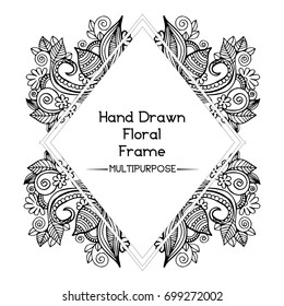 Beautiful Hand Drawn Floral Henna Design Frame Black and White