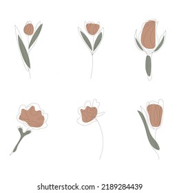 Beautiful Hand Drawn Floral Leaves And Flowers One Line Art 