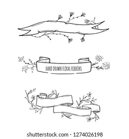 Beautiful hand drawn floral ribbons with place for your text. Vector illustration. Great for greeting cards,advertising etc.
