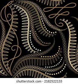 Beautiful hand drawn floral seamless pattern. Stitching style ornamental vector background. Modern repeat decorative ornate backdrop. Stitch golden flowers, leaves, dots, circles, ropes, pigtails.