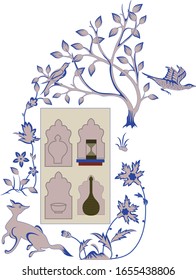Beautiful hand drawn floral tree with birds and animal