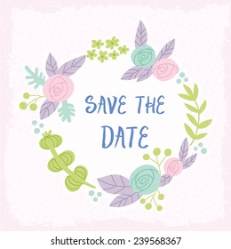 Beautiful hand drawn floral wreath. Save the date floral wreath. Romantic floral card for invitation or stationery design in retro style. Perfect illustration for wedding invitation.