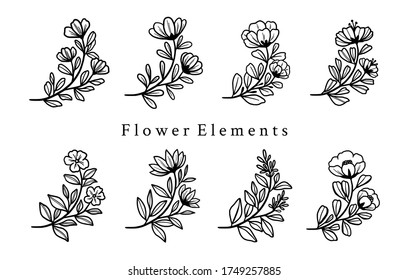 Beautiful hand drawn flower elements collection