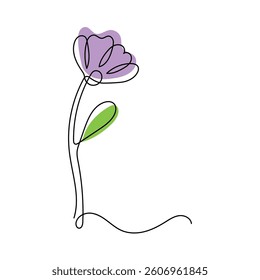 Beautiful Hand Drawn Flower and Leaf Garden. Minimalist Modern Line Art with Colorful Abstract Shape