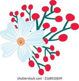Beautiful hand drawn flower with red berry. Vector illustration art card.