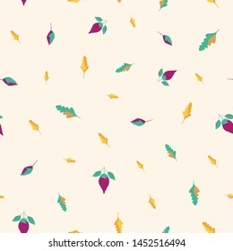 Beautiful hand drawn flowers and leaves in gold, blue and purple. Seamless vector pattern on cream background. Great for wellness, beauty products, stationery, texture, home decor, cafe, giftrwap