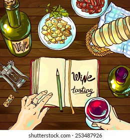 Beautiful hand drawn food illustration wine tasting top view