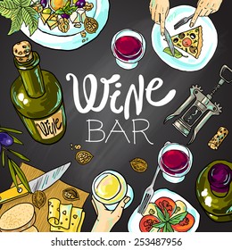 Beautiful hand drawn food illustration wine and cheeseon the chalkboard