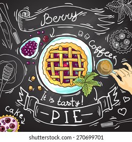 Beautiful hand drawn food illustration berry pie on the chalkboard