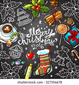Beautiful hand drawn food illustration christmas sweets top view on the calkboard