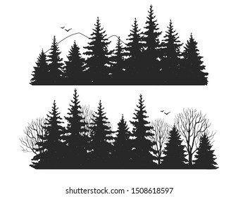 Beautiful hand drawn forest fir trees silhouettes, mountains, birds. Coniferous spruce horizontal background pattern, Black evergreen woods vector illustration
