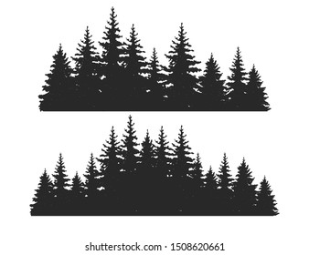 Beautiful hand drawn forest fir trees silhouettes, coniferous spruce horizontal background pattern, Black evergreen woods vector illustration
