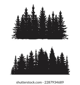 Beautiful hand drawn forest fir trees silhouettes, coniferous spruce horizontal background pattern, Black evergreen woods vector illustration