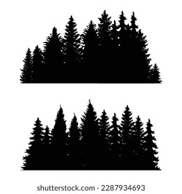 Beautiful hand drawn forest fir trees silhouettes, coniferous spruce horizontal background pattern, Black evergreen woods vector illustration