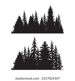 Beautiful hand drawn forest fir trees silhouettes, coniferous spruce horizontal background pattern, Black evergreen woods vector illustration