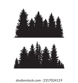 Beautiful hand drawn forest fir trees silhouettes, coniferous spruce horizontal background pattern, Black evergreen woods vector illustration