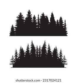 Beautiful hand drawn forest fir trees silhouettes, coniferous spruce horizontal background pattern, Black evergreen woods vector illustration