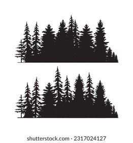 Beautiful hand drawn forest fir trees silhouettes, coniferous spruce horizontal background pattern, Black evergreen woods vector illustration