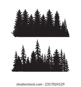 Beautiful hand drawn forest fir trees silhouettes, coniferous spruce horizontal background pattern, Black evergreen woods vector illustration