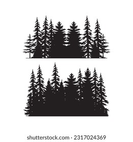 Beautiful hand drawn forest fir trees silhouettes, coniferous spruce horizontal background pattern, Black evergreen woods vector illustration