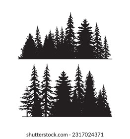 Hermosas siluetas de abetos forestales dibujadas a mano, patrón de fondo horizontal de abeto conífero, ilustración vectorial de bosques eververdes negros