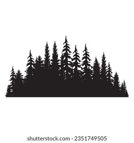 Beautiful hand drawn forest fir trees silhouettes, coniferous spruce horizontal background pattern, Black evergreen woods vector illustration