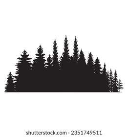 Beautiful hand drawn forest fir trees silhouettes, coniferous spruce horizontal background pattern, Black evergreen woods vector illustration