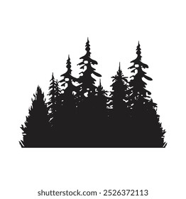 Beautiful hand drawn forest fir trees silhouettes, coniferous spruce horizontal background pattern, Black evergreen woods vector illustration