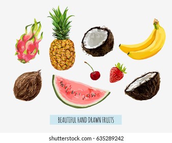 Beautiful hand drawn fruits coconut, banana, dragon fruit, cherry, watermelon, strawberry, pineapple. Seamless vector floral pattern, summer background.