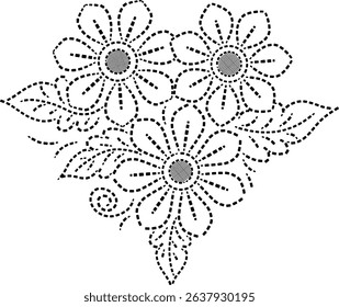 Beautiful Hand Drawn Geometric Wild Flowers with Leaves, Minimalistic Wild Flowers Vector illustration ideal for backgrounds, colouring book, tattoo, embroidery, fabric, curtains, cushion, wallpaper 