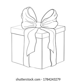 Beautiful Hand Drawn Gift Box Isolated On White. Line Drawn Present Icon With Lush Bow And Ribbon. Wrapped Gift Sketch Illustration. Vector Black And White Line Art. Silhouette Of Square Box