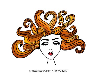 Beautiful hand drawn girl with closed eyes and scattered brown hair, vector illustration