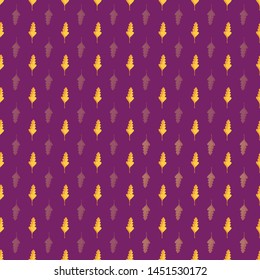 Beautiful hand drawn gold and orange oak leaves in geometric design. Seamless vector pattern on purple background. Great for wellness, beauty products, stationery, home decor, giftwrap, texture.