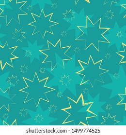 Beautiful hand drawn golden shiny stars in painterly design. Seamless vector pattern on textured teal background. Perfect for Christmas and winter products, giftwrap,stationery, celebration.
