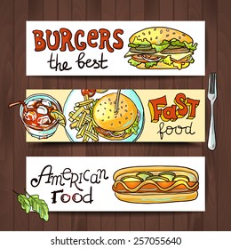 Beautiful hand drawn horizontally banners fast food top view