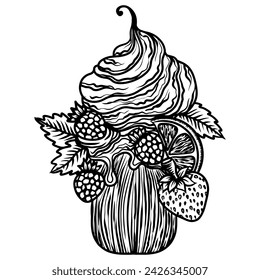 Beautiful hand drawn ice cream in a waffle cup with berries and cream. Dessert coloring book or activity page. 