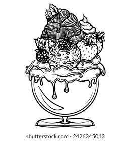 Beautiful hand drawn ice cream in a waffle cup with berries and cream. Dessert coloring book or activity page. 