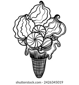 Beautiful hand drawn ice cream in a waffle cup with berries and cream. Dessert coloring book or activity page. 