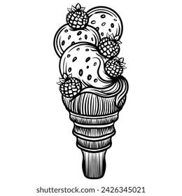 Beautiful hand drawn ice cream in a waffle cup with berries and cream. Dessert coloring book or activity page. 