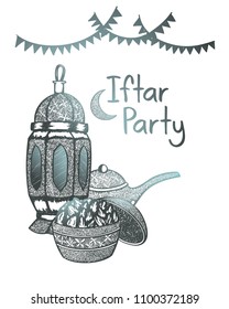 Beautiful hand drawn iftar party, ramadan kareem, eid mubarak, lantern, lamp, dates, sweet, good for poster, invitation, card, banner
