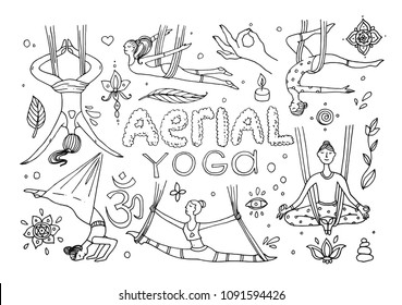 Beautiful hand drawn illustration aerial yoga. Doodle style drawing.