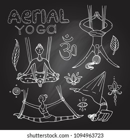 Beautiful hand drawn illustration aerial yoga. Doodle style drawing.