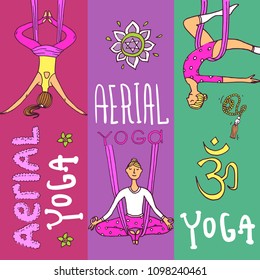 Beautiful hand drawn illustration aerial yoga. Doodle style drawing.